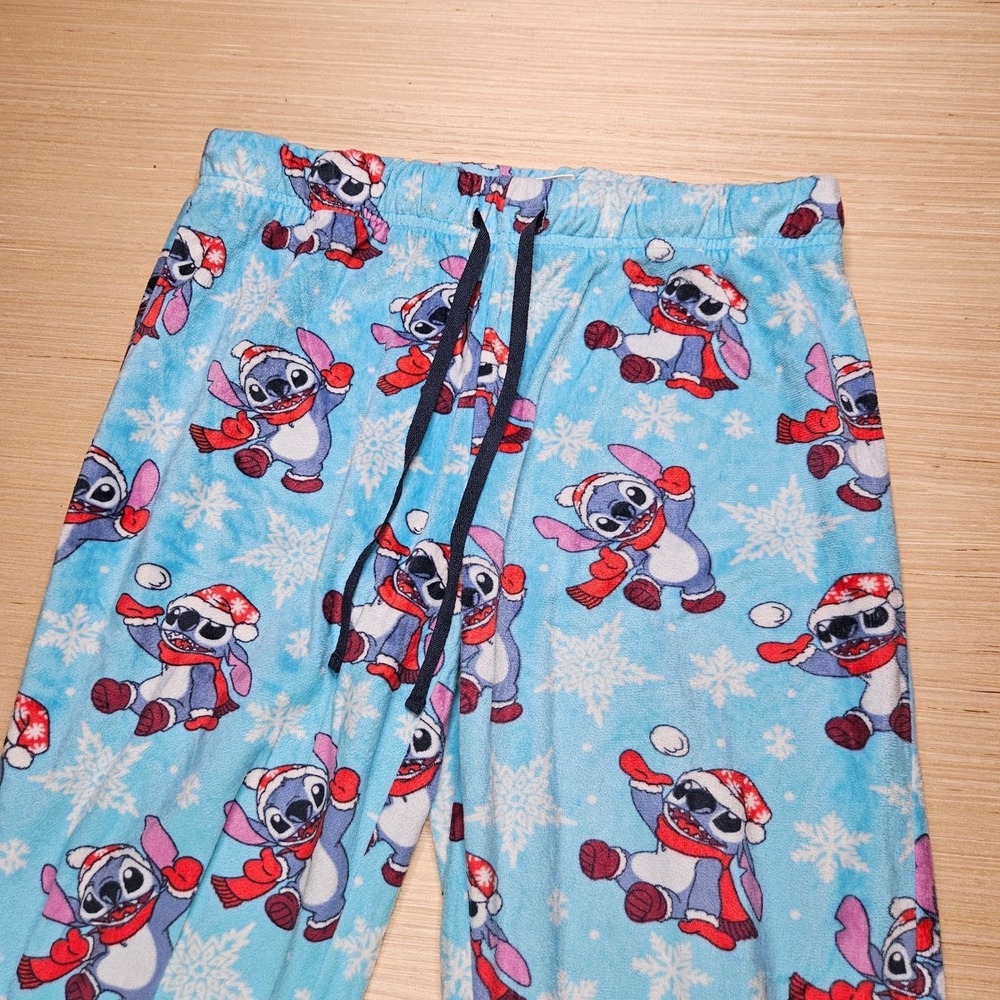 Disney Stitch Pajama Pants Girls‎ L 30x26 Blue Christmas Winter Snowflake Fleece